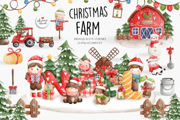 Christmas Farm Clipart: Illustrations for Design