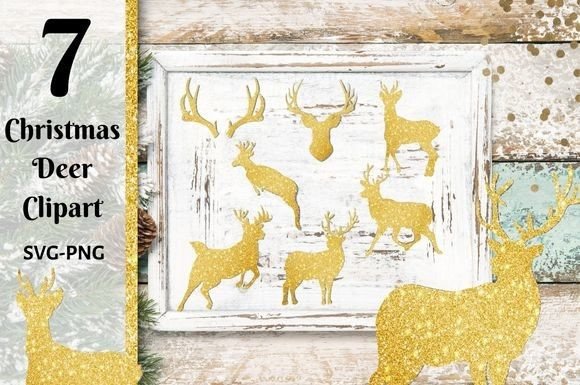 Gold Glitter Christmas Deer Clipart for Illustrations