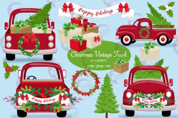 Vintage Red Truck for Christmas 2841 Illustrations
