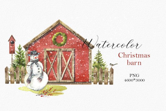 Watercolor Christmas Farm House Clipart & Illustrations