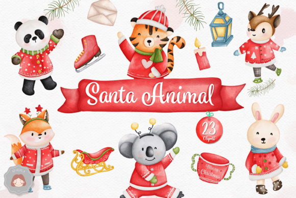 Watercolor Sata Animal Christmas Illustrations